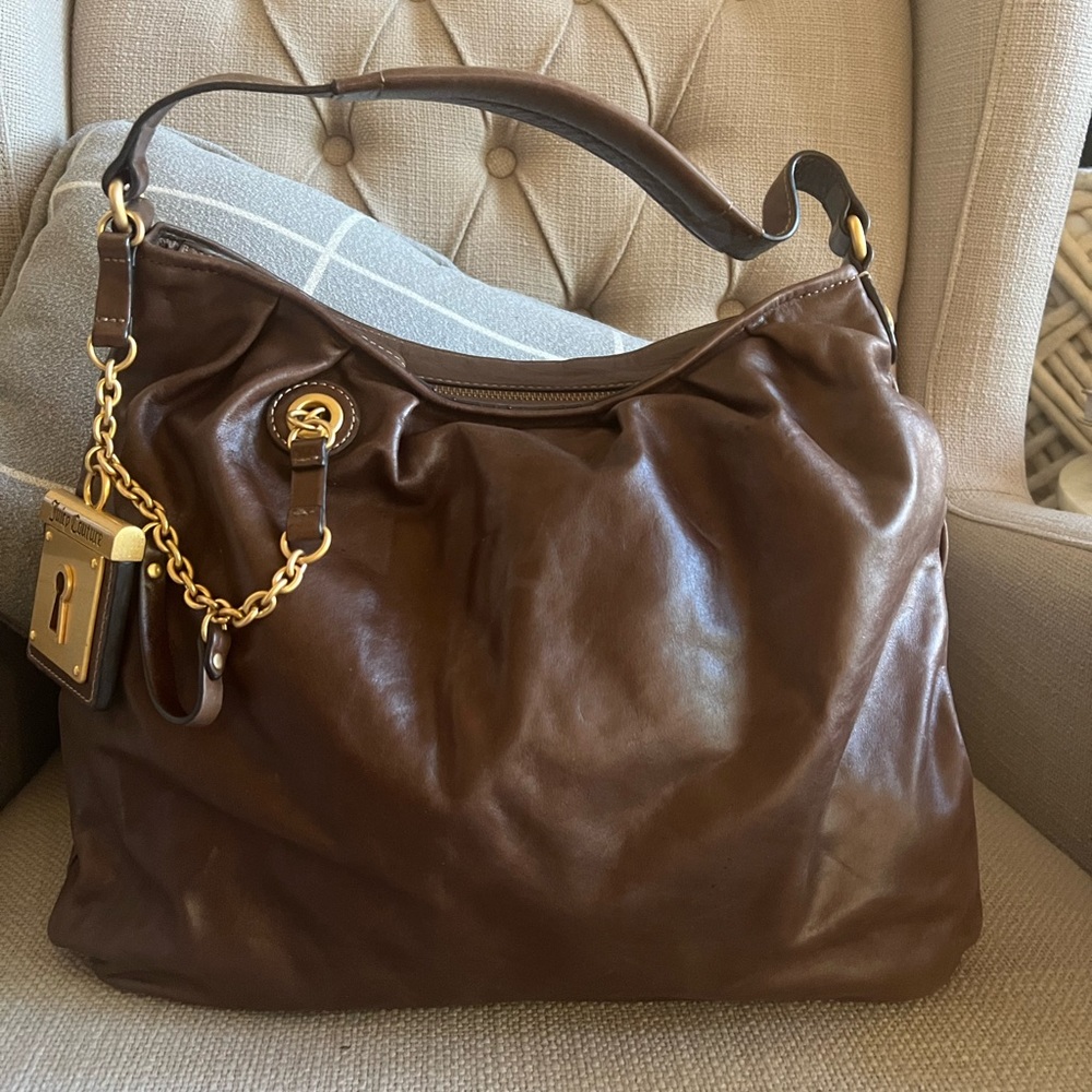 JUICY COUTURE Y2K BROWN LEATHER HOBO Handbag Gold Chains RN52002 CA16396